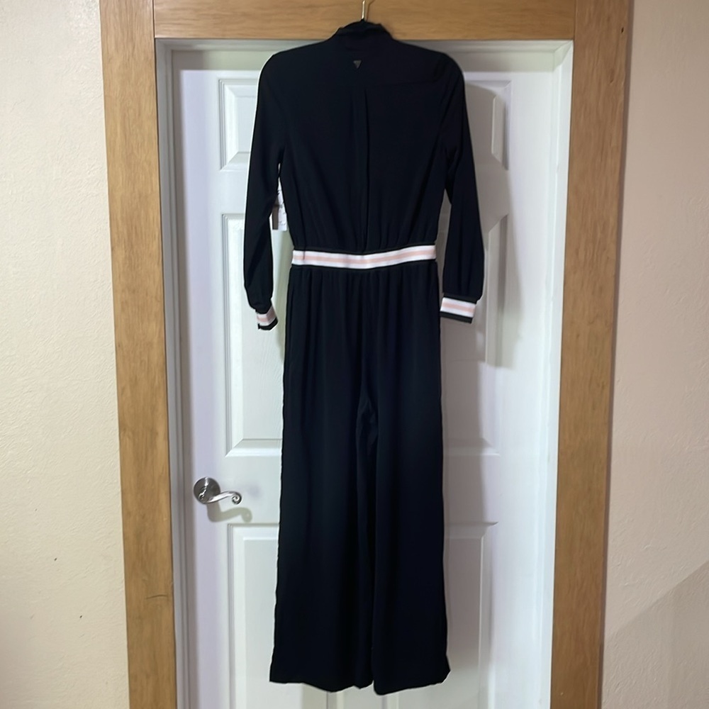 Guess Jumpsuit XS Black Zip Front Wide Leg Long Sleeve Stripe Trim Athleisure - Picture 4 of 16